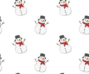 Snowman Seamless pattern. Vector graphic line ink illustration. Kids Outdoor Fun. Happy Winter Holiday season. Frosty Cute Snow man Character For logo, web, package, sticker.