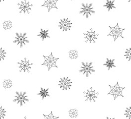 Snowflakes Seamless pattern. Vector graphic line ink illustration. Simple winter background design background for banners, print for fabric, labels, t-shirt printing.