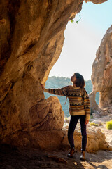happy woman in mountains. girl traveling in mountains. trekking and hiking. girl with backpack.