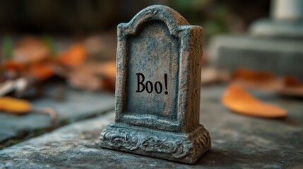 Miniature tombstone with "Boo!" carving
