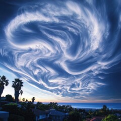 Dramatic, swirling clouds over a coastal town