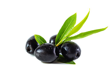 Ripe black olives with leaves on white background.
