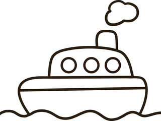Cartoon line drawing of a boat on water on transparent background.