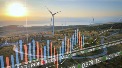 Aerial view of a wind park with a 3D graphic overlay of financial charts and graphs, symbolizing energy investment