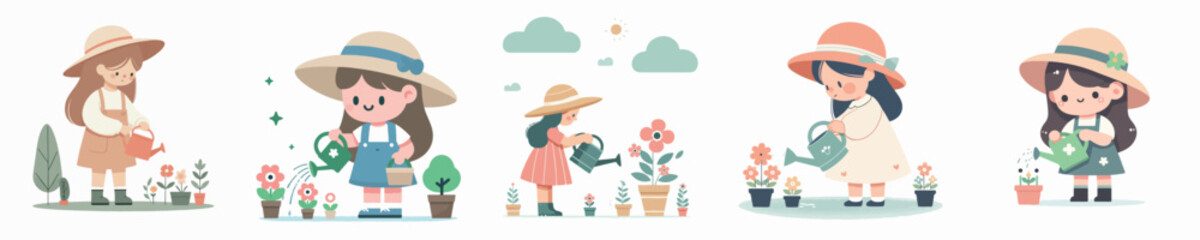 vector character girl watering flowers