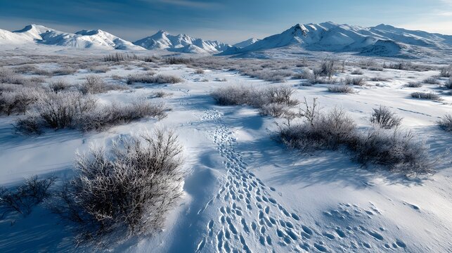 Frozen tundra landscape snow covered ground icy shrub distant mountain ridge arctic wildlife track top down view showing harsh winter terrain cold nature resilience cut out isolated transparent