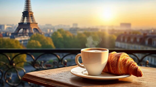 A cup of coffee and a croissant with the Eiffel Tower in the background. Selective focus. Food.