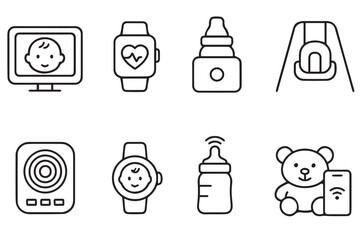 Modern baby care essentials, baby monitor, smartwatch, baby bottle, feeding, health, swing, parenthood, baby products icon set