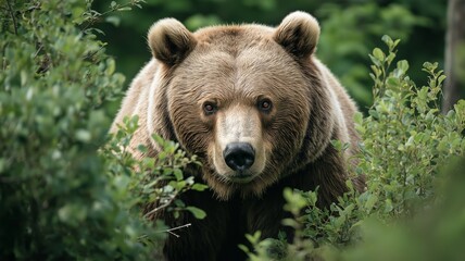 Fototapeta premium A bear explores its natural habitat, surrounded by lush foliage in the forest.