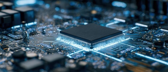 The microchip gleaming on a modern electronic circuit board in detail.