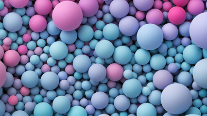 Pile of colorful smooth pastel gradient balls in various sizes. Many bright pink purple blue random soft balls. Colorful balloons wall decoration. Dynamic vibrant spheres texture. Vector background