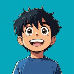 Smiling young boy, anime style,  bright teal background