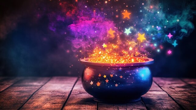 Magic cauldron on wooden table