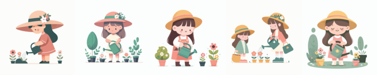 vector character girl watering flowers