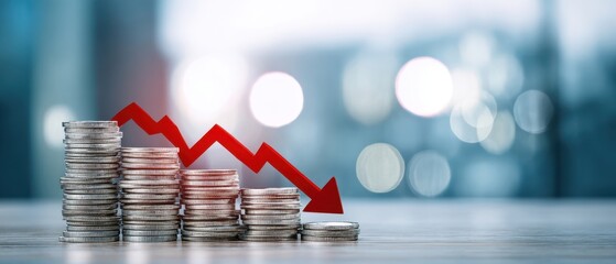 The coins stacked with a declining graph illustrating financial downturn trends.