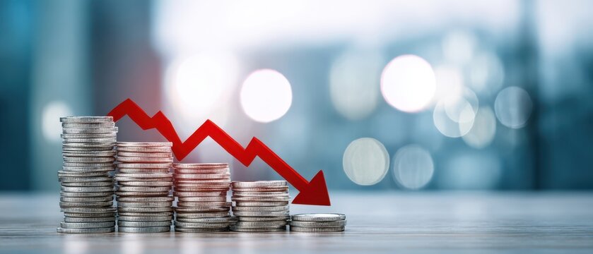 The coins stacked with a declining graph illustrating financial downturn trends.