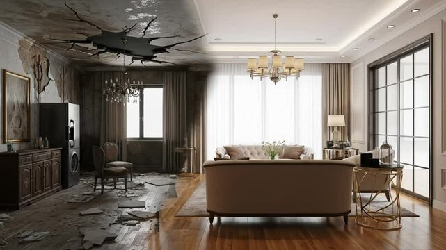 Contrast between dilapidated and modern luxurious living room interiors showing restoration transition