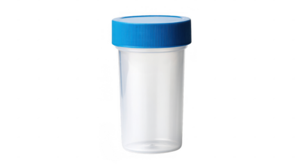 Empty, transparent plastic stool sample container featuring a blue lid, isolated against a transparent background, prepared for medical analysis and laboratory testing