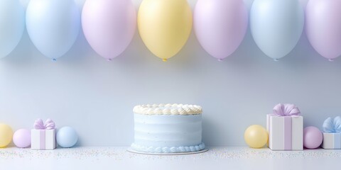 Minimalist pastel birthday scene with balloons, cake, and wrapped gifts, soft colors for elegant event invitations or party decor branding.
