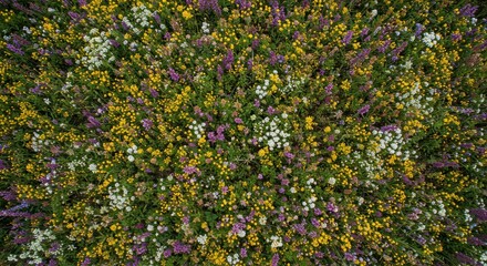 Aerial view of wildflowers meadow with yellow, purple and white flowers