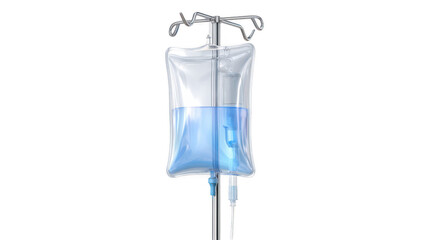 Medical iv drip bag hanging with blue liquid inside, connected to a transparent tube and a needle, on a transparent background, ready for intravenous therapy