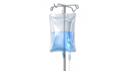 Medical iv drip bag hanging with blue liquid inside, connected to a transparent tube and a needle, on a transparent background, ready for intravenous therapy