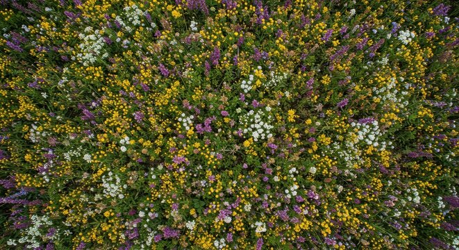Aerial view of wildflowers meadow with yellow, purple and white flowers