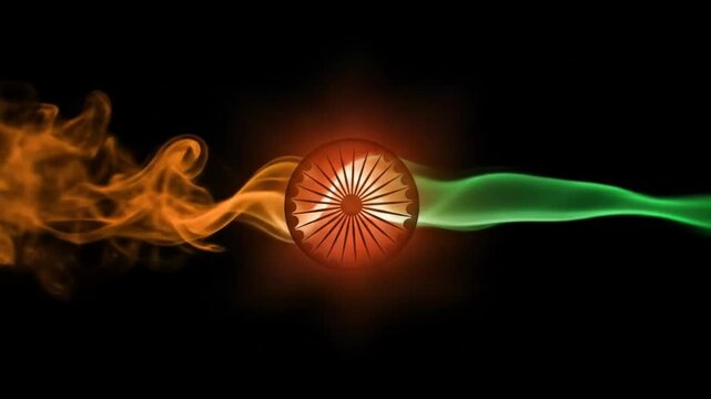 Dynamic abstract animation of indian flag colors smoke flowing around spinning chakra wheel