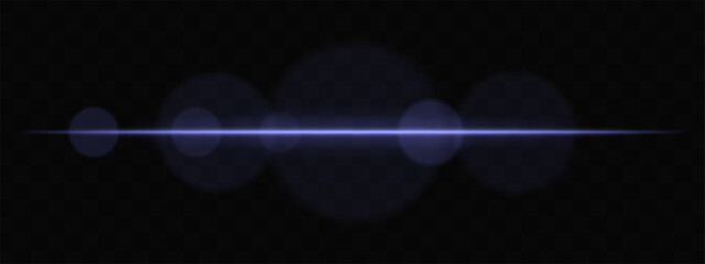 Blue horizontal light beam with soft glare circles on transparent background. Clean cinematic lens flare for sci-fi, tech transitions, or bright glowing UI overlays.