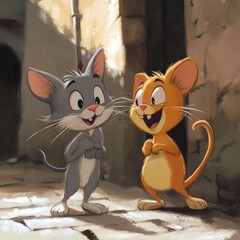 Two cartoon animals, a gray cat and an orange mouse, stand in a sunlit alleyway, appearing friendly and engaged in conversation