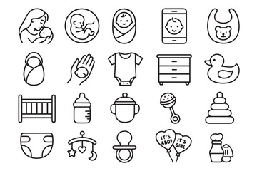 Icon set featuring essential baby care symbols like crib, bottle, pacifier, diapers, and more, perfect for infant care designs and parenting apps, Baby products icon set