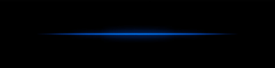 Blue horizontal light beam. Bright laser stripe with soft glow and fading edges on dark background. Perfect for sci-fi, transitions, futuristic flares, or abstract light effects.