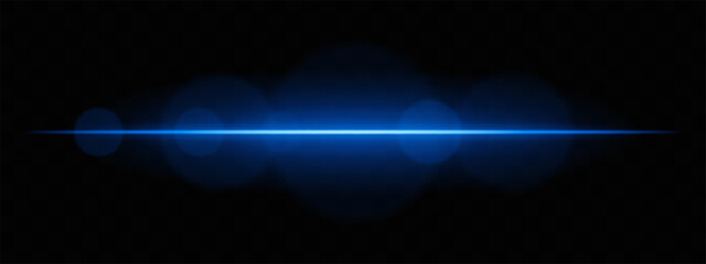 Bright blue light beam with lens flare circles on dark background. Vivid horizontal glow ideal for futuristic UI, synthwave designs, or neon-inspired transitions.