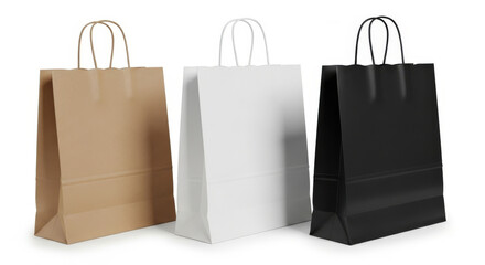 A set of three paper shopping bag mockups in brown white and black ideal for retail branding packaging design and sustainable consumerism themes