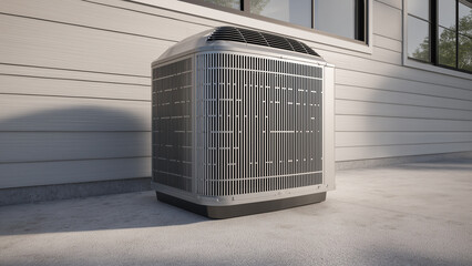 HVAC air conditioner unit on a concrete slab outside of the house.