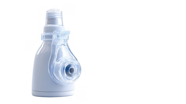 Nebulizer mask releasing medication against a transparent background, perfect for illustrating healthcare and medical themes related to respiratory treatments and therapies