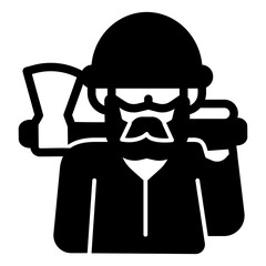 Logger man with beard face and axe solid icon, forest industry concept. Vector graphics. Wood worker avatar, firewood sign on white background, style mobile or design.