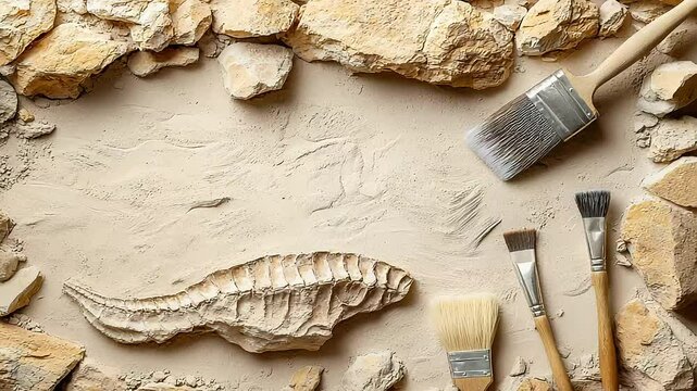Fossil of a fish embedded in sandy rock with excavation tools nearby. Brushes and a chisel are arranged around the fossil, highlighting paleontological work.