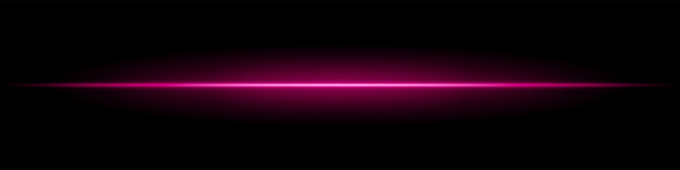 Pink horizontal light beam. Sharp glowing laser line with radiant fade on both sides over dark background. Great for sci-fi, energy visuals, light effects, or futuristic transitions.