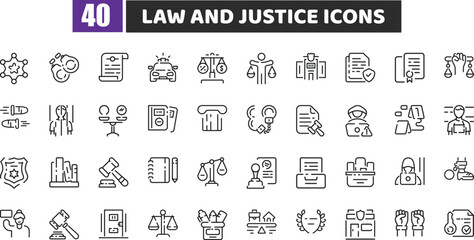 Law and Justice Outline Icon Set for Crime, Court, and Legal Graphics