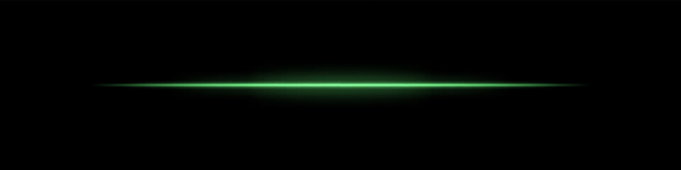 Green horizontal light beam. Bright laser stripe with soft glow and fading edges on dark background. Perfect for sci-fi, transitions, futuristic flares, or abstract light effects.