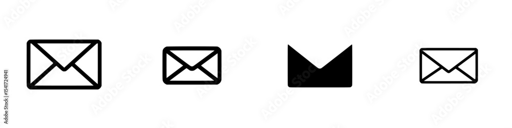 Poster set of black icons representing different styles of envelopes for digital communication in various g