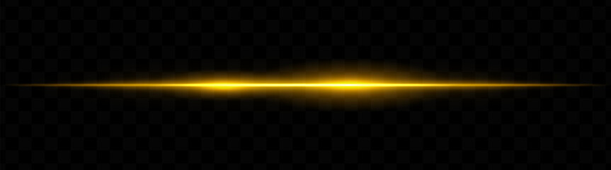 Obraz premium Yellow horizontal light beam with dual bright glows and soft blur on transparent background. Futuristic energy stripe ideal for sci-fi visuals, HUDs, or glowing tech overlays.