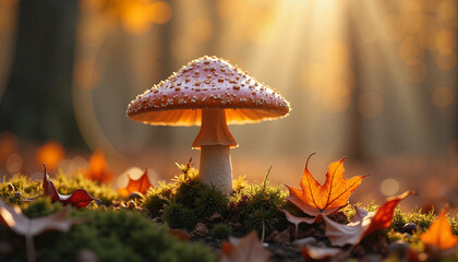 Fly agaric mushroom standing majestically among autumn leaves in sunlit forest setting