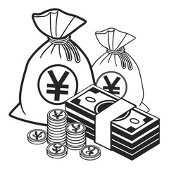 Japanese Yen Stash Bags and Stacks of Bills a Symbol of Wealth Accumulation and Financial Prosperity