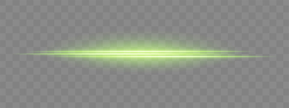 Dual green horizontal light beams with soft glow and motion blur on transparent background. Futuristic energy streak ideal for UI design, sci-fi overlays, or speed effects.