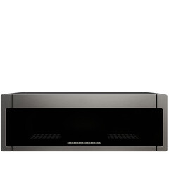 gunmetal-gray built-in microwave with a dark glass front panel and subtle control panel at the...