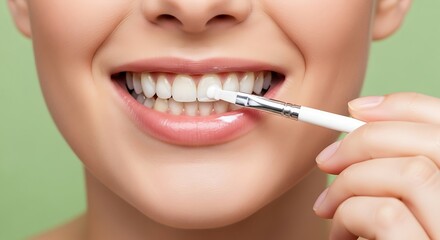 Happy woman applies tooth whitening gel with a brush for beautiful white smile. Dental care and beauty concept