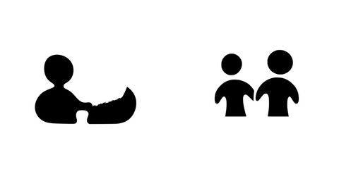 Black icons depicting a person with a broken shoe and two individuals holding hands in a minimalist style