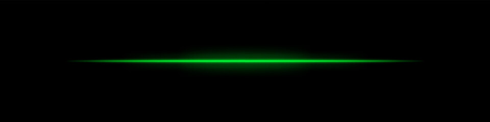 Green horizontal light beam. Bright laser stripe with soft glow and fading edges on dark background. Perfect for sci-fi, transitions, futuristic flares, or abstract light effects.